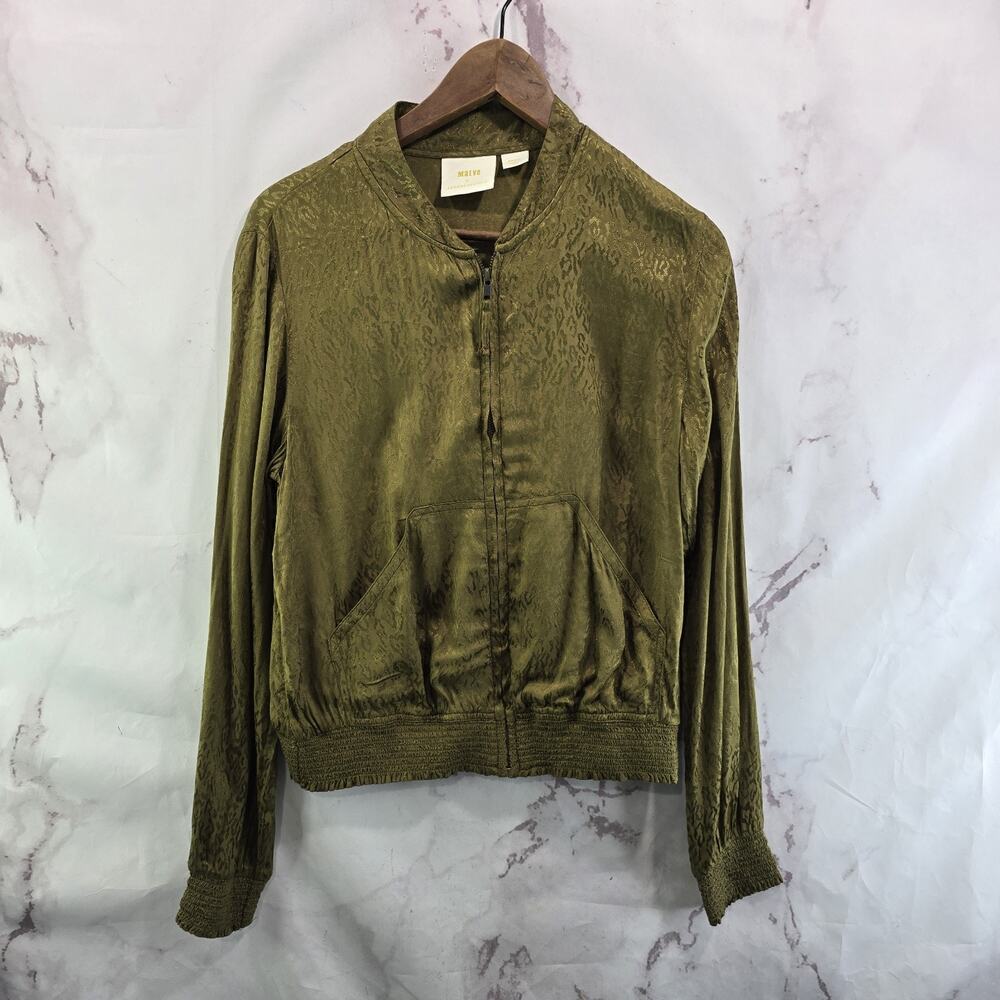 Anthropologie Jacket Womens XS Green Bomber Zip Silky Maeve Olive Leopard
